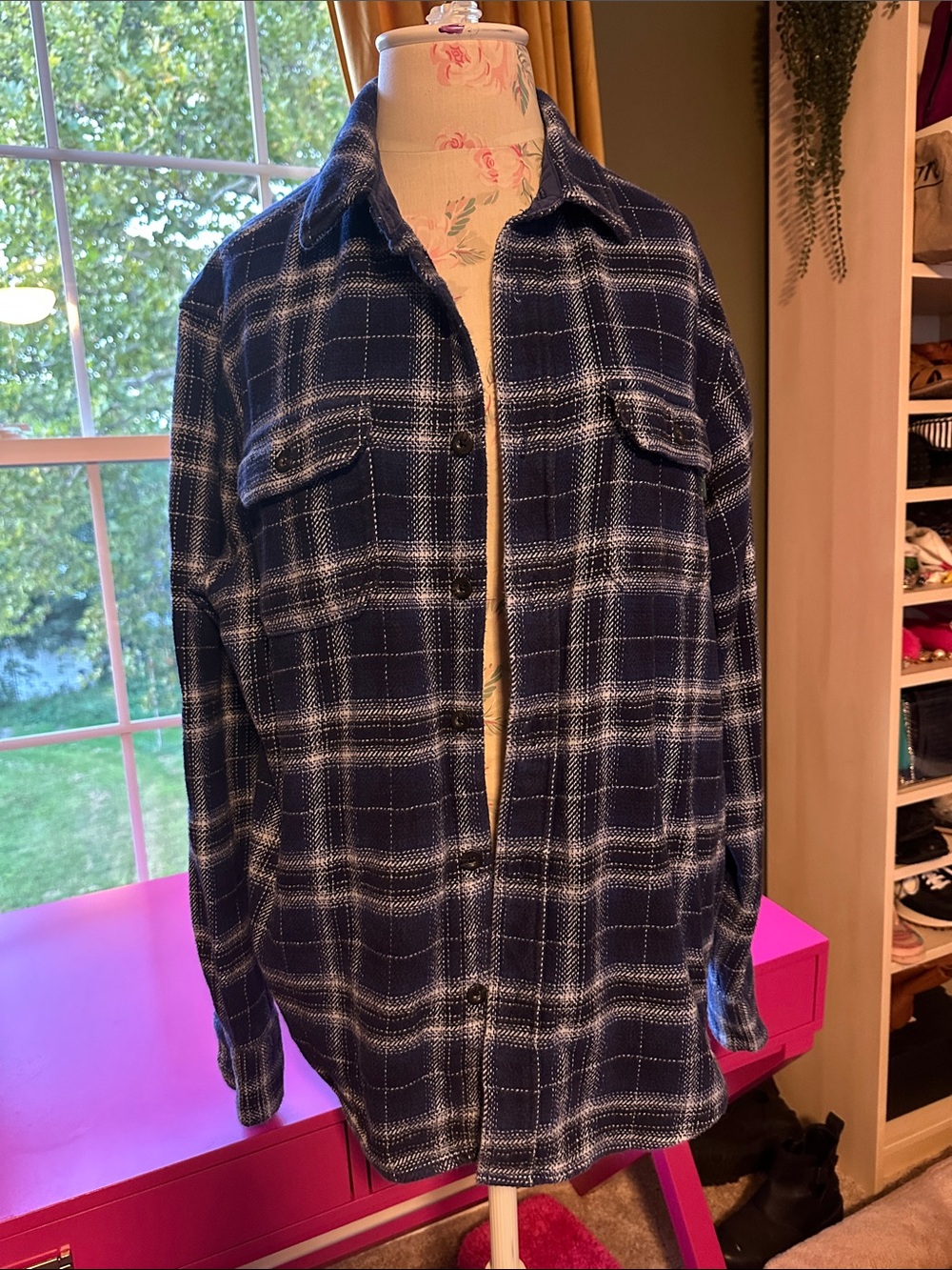 Woolrich Blue and White Plaid Heavy Button-Down Shirt